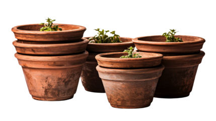 Rustic Stack of Artisanal Clay Pots on transparent background