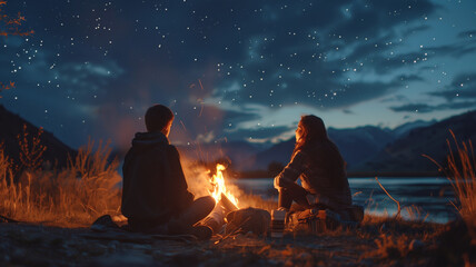 Romantic scene of young teens couple sitting near camp fire and chatting during warm summer day ending sunset hours. People relation, town getawat and beauty in Nature concept image. - Powered by Adobe