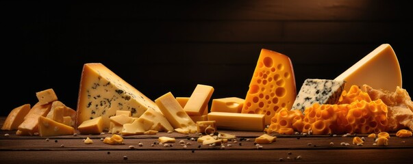 Delicious pieces of different types of luxury cheese, panorama cheese wallpaper. Generative Ai.