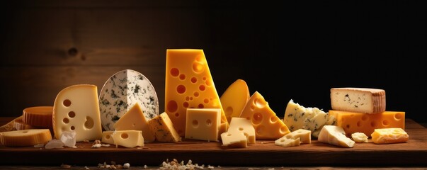 Delicious pieces of different types of luxury cheese, panorama cheese wallpaper. Generative Ai.