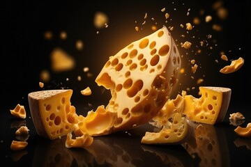 Delicious pieces of luxury cheese with holes, flowing on dark  background. Generative Ai.