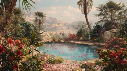Desert in flowering, a peaceful oasis nestled within the desert, blooming flowers surrounding a tranquil pool of water, palm trees swaying gently in the breeze