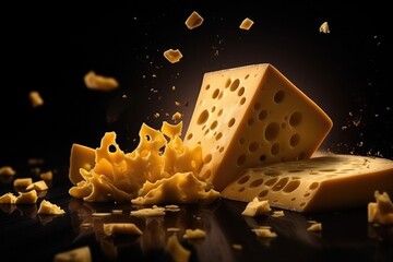Delicious pieces of luxury cheese with holes, flowing on dark  background. Generative Ai. - obrazy, fototapety, plakaty