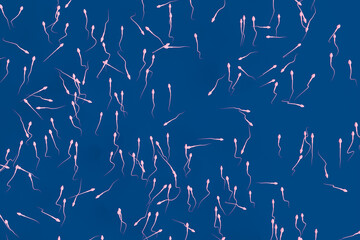 Pink sperms swimming in random directions on blue background. Illustration of the concept of IVF, reproduction and spermicide