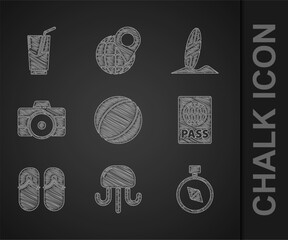 Set Beach ball, Jellyfish, Compass, Passport, Flip flops, Photo camera, Surfboard and Cocktail and alcohol drink icon. Vector