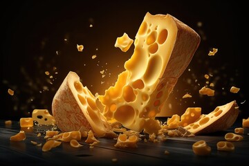 Delicious pieces of luxury cheese with holes, flowing on dark  background. Generative Ai.