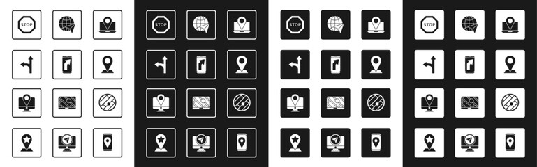 Set Laptop with location marker, City map navigation, Road traffic sign, Stop, Location, Globe flying plane, Folded and Monitor icon. Vector