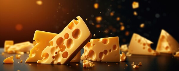 Delicious pieces of luxury cheese with holes, flowing on dark panorama background. Generative Ai. - obrazy, fototapety, plakaty