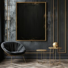 A rectangular large empty painting in a gold frame hanging on a black wall. There is a black armchair underneath.