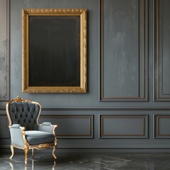 A black wall, an empty, rectangular painting in a gold frame. There is a luxurious armchair underneath. - obrazy, fototapety, plakaty