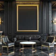 Black interior, table and two armchairs, minimalism, a rectangular empty painting in a gold frame hanging on the wall.