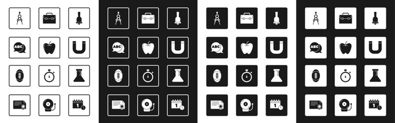 Set Ringing bell, Apple, Alphabet, Drawing compass, Magnet, Briefcase, Test tube and flask and American Football ball icon. Vector