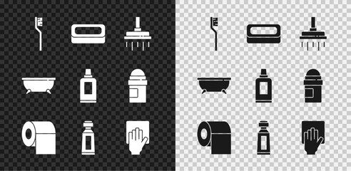 Set Toothbrush, Bar of soap, Shower head, Toilet paper roll, Tube toothpaste, Cleaning service, Bathtub and Bottle for cleaning agent icon. Vector