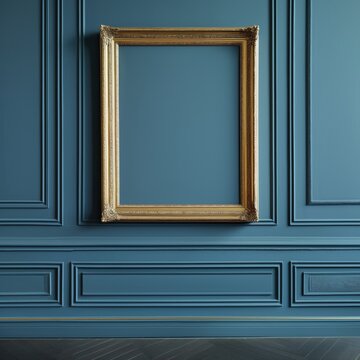 A rectangular blank painting in a gold frame hanging on a blue wall.