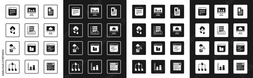 Poster set file document, server, data, web hosting, cloud hacking, browser window, technology data transfe