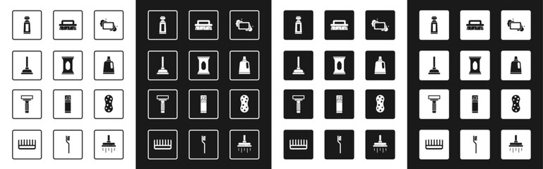 Set Bar of soap, Wet wipe pack, Rubber plunger, Tube toothpaste, Bottle for cleaning agent, Brush, Sponge and Shaving razor icon. Vector