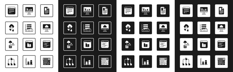 Set File document, Server, Data, Web Hosting, Cloud hacking, Browser window, technology data transfer, Monitor with graph chart, Software and icon. Vector