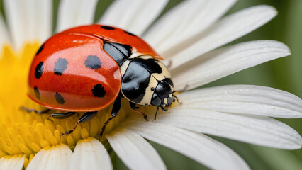 
A beautiful shot a curious ladybug examining the intricate details of a colorful daisy and its black spots standing out against the petals