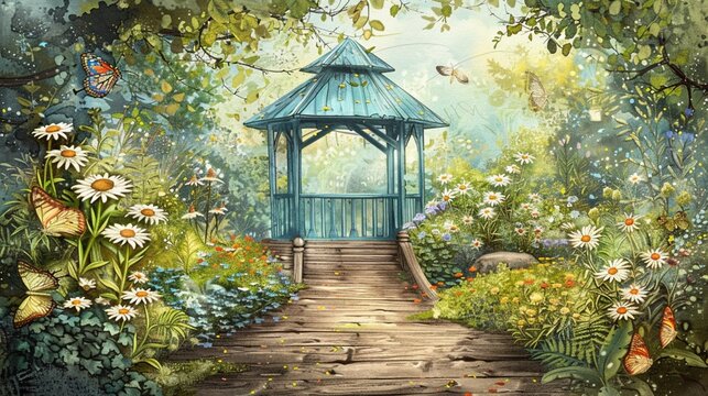 Diasy border on blue wood, a charming garden scene with a wooden pathway lined with daisies