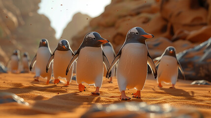 Penguins walking in the sand.