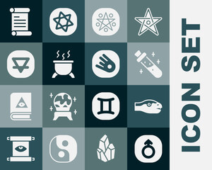 Set Mars, Snake, Bottle with potion, Pentagram in circle, Witch cauldron, Earth element, Decree, parchment, scroll and Comet falling down fast icon. Vector