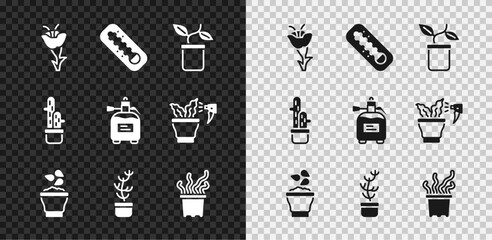 Set Flower, Meteorology thermometer, Plant in pot, Seeds bowl, Exotic tropical plant, Cactus peyote and Garden sprayer for fertilizer icon. Vector