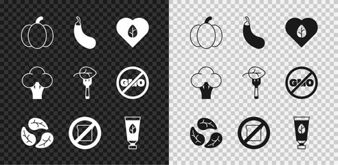 Set Pumpkin, Eggplant, Vegan food diet, Leaf or leaves, Gluten free grain, Organic cosmetic, Broccoli and icon. Vector