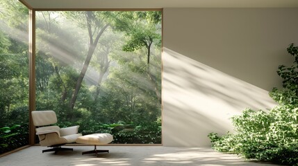 Modern living room interior design with green nature background