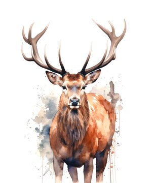 Watercolor illustration of a brown deer on white background.