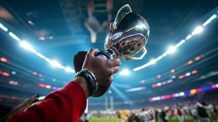 Soccer player holding the trophy at the stadium during the match