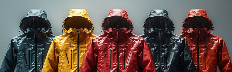 Rain jackets in various colors. - obrazy, fototapety, plakaty