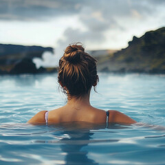 Young woman enjoying spa in hot springs in Iceland, ai technology