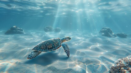 Obraz premium Serene underwater scene with a sea turtle gliding over coral reefs in sunlit waters
