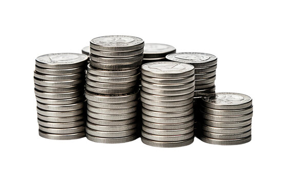 A stack of shiny silver coins neatly arranged on a plain white background. The coins glisten under the light, creating a striking contrast against the simple backdrop.