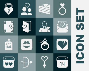 Set Calendar with February 14, Broken heart or divorce, Envelope Valentine, Wedding cake, Valentines day flyer, Love diary, Castle the shape of and Romantic man icon. Vector