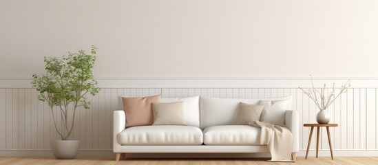 A modern living room featuring a white couch as the main furniture piece, accompanied by a neatly placed potted plant. The room is designed with a Scandinavian interior style,