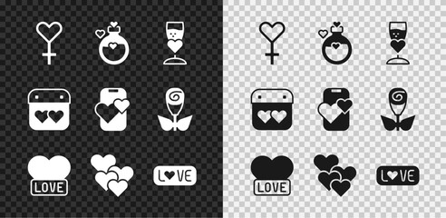 Set Female gender symbol, Bottle with love potion, Glass of champagne, Heart, Love text, Calendar heart and Dating app online mobile icon. Vector