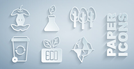 Set Leaf Eco symbol, Tree, Recycle bin, Iceberg, Plant breeding and Apple core icon. Vector