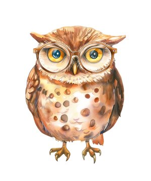 Watercolor illustration of a cute owl bird with vision glasses isolated on white background.
