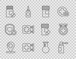 Set line Map pointer with cross hospital, Medical bottle nozzle spray, Medicine, Hospital signboard, and pills, symbol of the Emergency, Test tube flask and icon. Vector