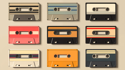 collection of various vintage audio tapes on white background - obrazy, fototapety, plakaty