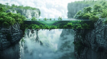 A blockchain bridge connecting two cliffs, with greenery flourishing below.