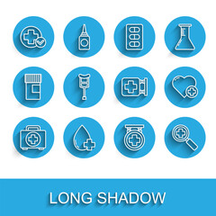 Set line First aid kit, Donate drop blood with cross, Cross hospital medical, Hospital signboard, Magnifying glass for search, Crutch crutches, Heart and icon. Vector