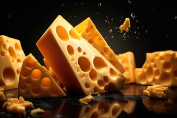 Delicious pieces of luxury cheese with holes, flowing on dark  background. Generative Ai.
