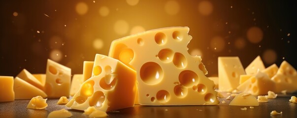 Delicious pieces of luxury cheese with holes, flowing on dark panorama background. Generative Ai. - obrazy, fototapety, plakaty
