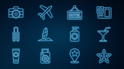 Set line Starfish, Martini glass, Signboard with text Hotel, Surfboard, Suitcase, Photo camera, Sunscreen spray bottle and Plane icon. Vector