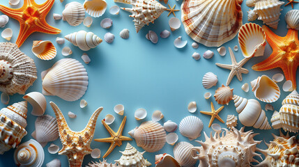 Top view of various seashell background.