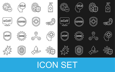 Set line Shield protecting from virus, Human and, Virus, Corona covid-19, 2019-nCoV location, Negative and icon. Vector