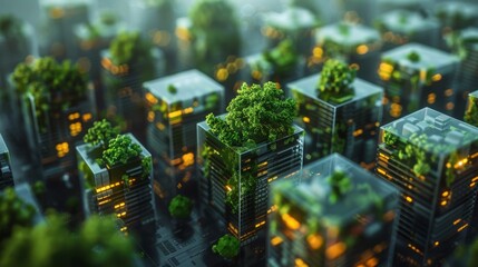 A conceptual image of a blockchain, with each block containing a vivid ecosystem or city, symbolizing decentralized finance (DeFi) platforms. - obrazy, fototapety, plakaty