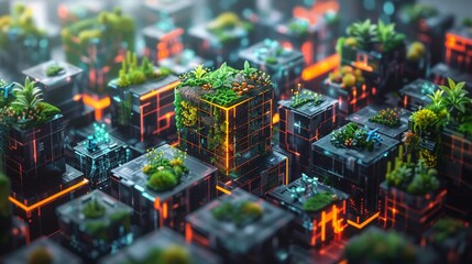 A conceptual image of a blockchain, with each block containing a vivid ecosystem or city, symbolizing decentralized finance (DeFi) platforms. - obrazy, fototapety, plakaty